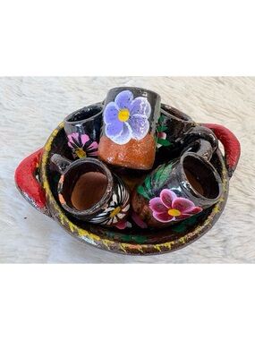 Jarritos de Barro Mexican Folk Art Handpainted Terracotta Mugs Set (5) with Bowl